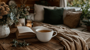 Cozy nook with a cup of tea, an open book, candlelight, and a textured blanket on a rustic wooden table.