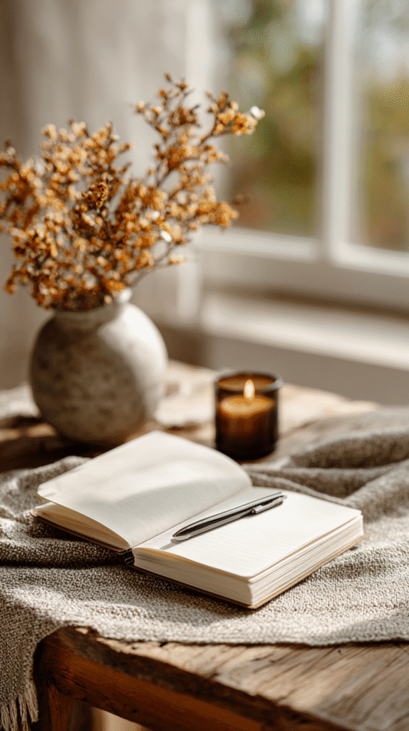 Cozy workspace with an open notebook, pen, candle, and dry flowers on a wooden table by a sunlit window.