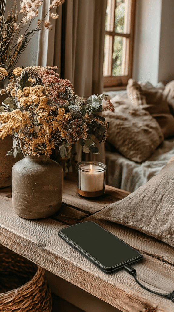 Smartphone charging on rustic wooden table with candle, vase of dried flowers, and cozy home decor in background.