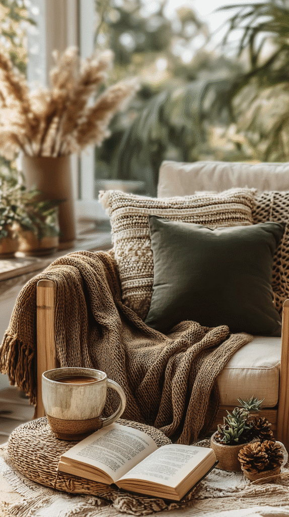 Cozy chair with pillows, blanket, coffee, book, and plants. Relaxing home interior with neutral tones and natural light.