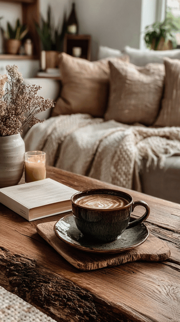 Cozy living room scene with a latte on a rustic table, surrounded by a book, candle, and pillows.