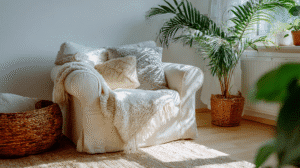 Cozy reading nook with an armchair, plush throws, and a lush potted plant in warm sunlight.