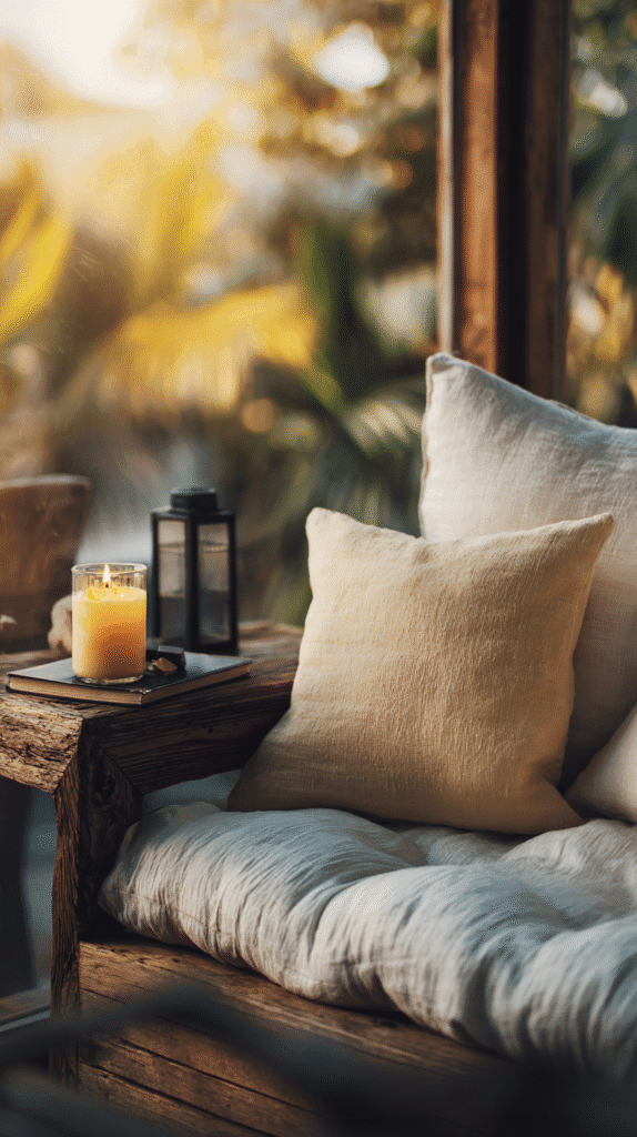 digital-reset-day-reading-nook Cozy outdoor seating area with soft pillows, lit candle, and lantern on a wooden bench surrounded by lush greenery.