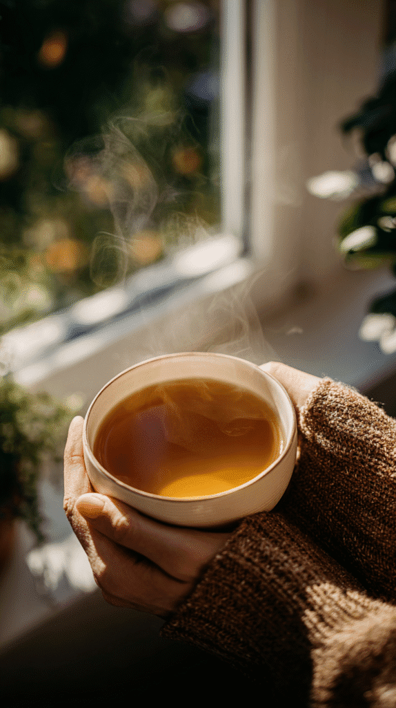 digital-reset-day-tea Cozy hands holding a steaming cup of tea by a sunny window, surrounded by greenery.