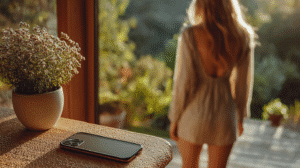 Smartphone and potted plant on table, woman enjoying garden view through window.