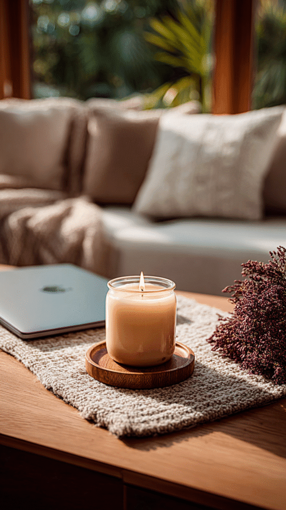 dopamine-detox-activities-candle Cozy living room with lit candle, laptop, and soft pillows on a couch, creating a warm, inviting atmosphere.