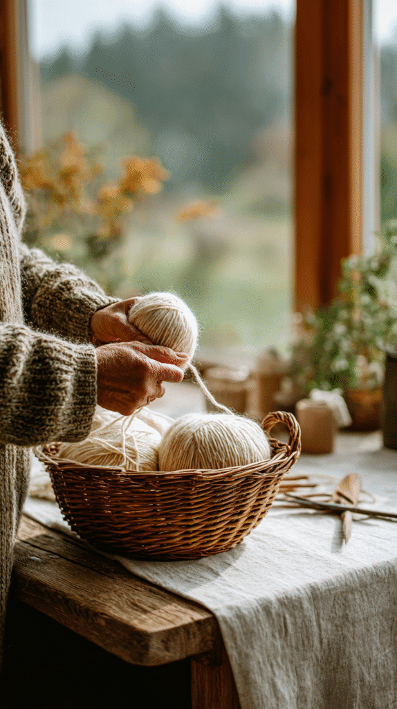 dopamine-detox-activities-knitting Person holding yarn near basket on rustic table, cozy knitting scene with natural light and plants.