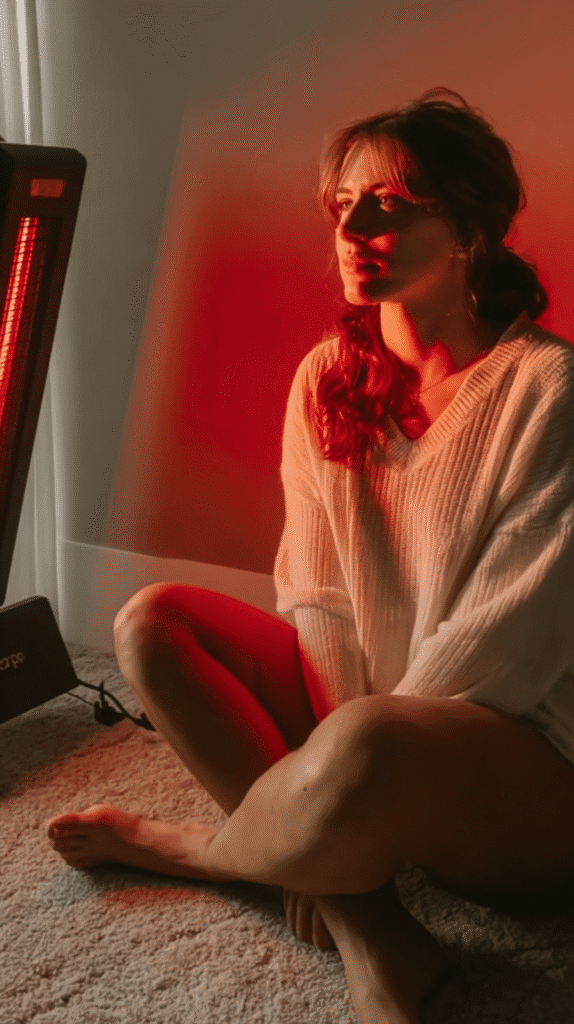 dopamine-detox-activities-red-light Woman in cozy sweater sitting on carpet, bathed in warm red light from heater.