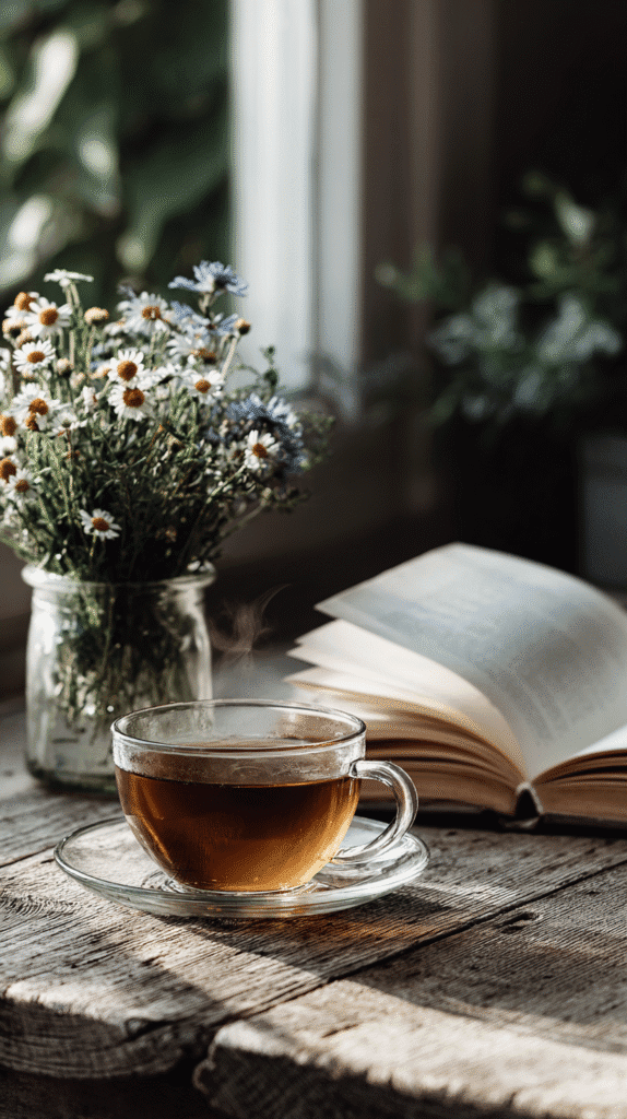 dopamine-detox-activities-tea Cozy scene with a steaming cup of tea, open book, and wildflowers on a rustic wooden table by a window.