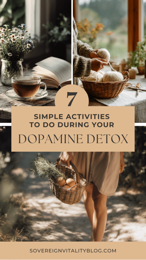 dopamine-detox-activities1 7 activities for dopamine detox: tea, knitting, and outdoor walking with a basket. Sovereign Vitality Blog.
