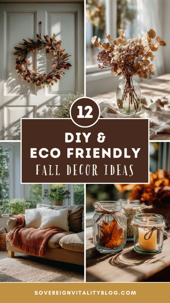 12 DIY eco-friendly fall decor ideas with wreaths, vases, and cozy living room setups for autumn inspiration.