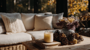 Cozy living room with a lit candle, pinecones, and flowers on a wooden table beside a cream sofa.
