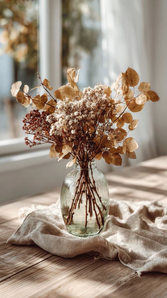 Dried floral arrangement in a glass vase on a sunlit wooden table with a burlap cloth.