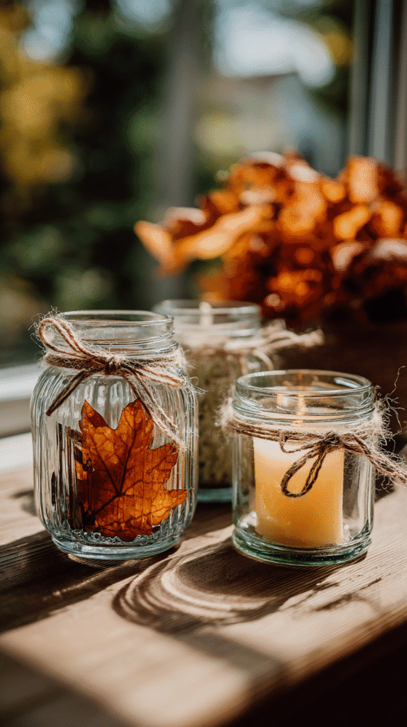 Autumn decor with mason jars, twine, and leaves on a wooden table, capturing warm, cozy seasonal vibes.