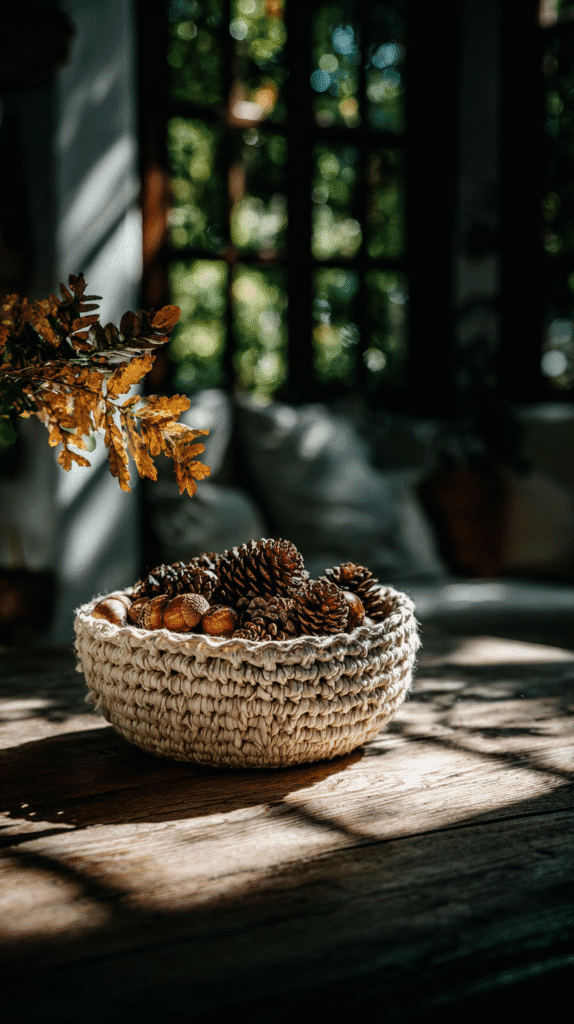 Woven basket with pinecones and acorns on a sunlit wooden table near a window, creating a cozy autumn ambiance.