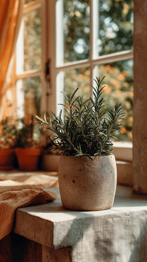Potted rosemary plant on a sunlit windowsill with soft-focus garden view.