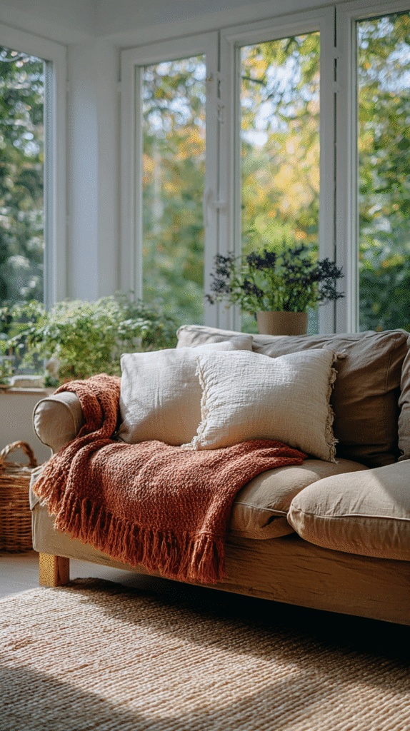 Cozy sunlit living room with a beige sofa, warm red throw, and greenery. Perfect relaxation spot.