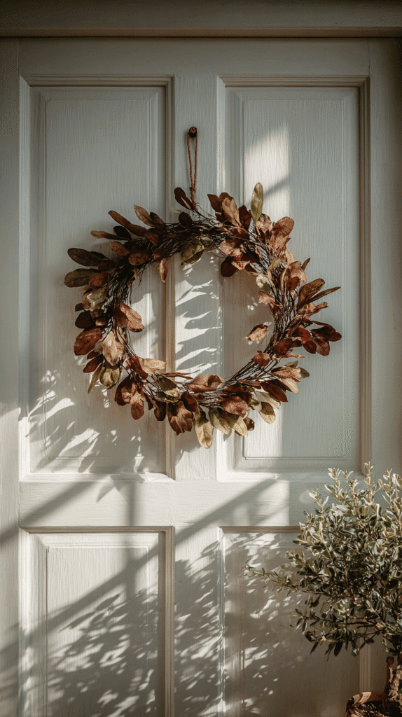 Rustic autumn wreath with colorful leaves on white door, sunlight casting shadows, next to a potted plant.