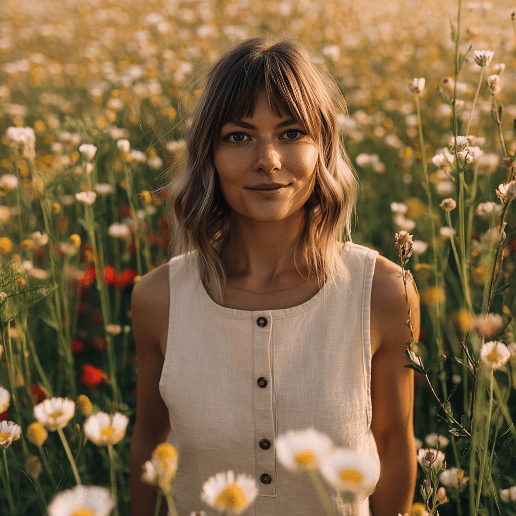Woman in a beige dress standing in a sunlit field of wildflowers, with soft evening light.