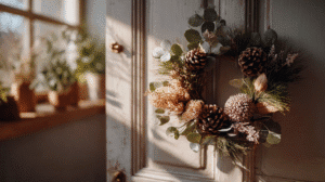 Rustic pine cone wreath with dried flowers and greenery on a wooden door, bathed in warm sunlight.