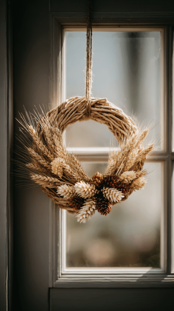 Decorative wheat wreath with pine cones hanging on a window, sunlit and rustic.