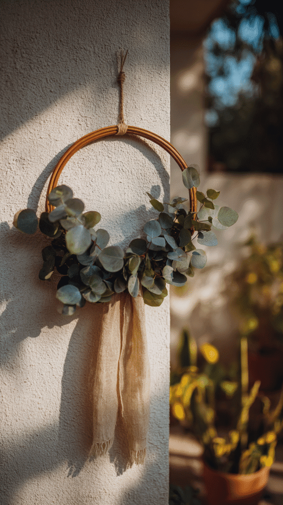 Decorative eucalyptus wreath with burlap ribbon on a sunlit wall, creating a cozy outdoor atmosphere.