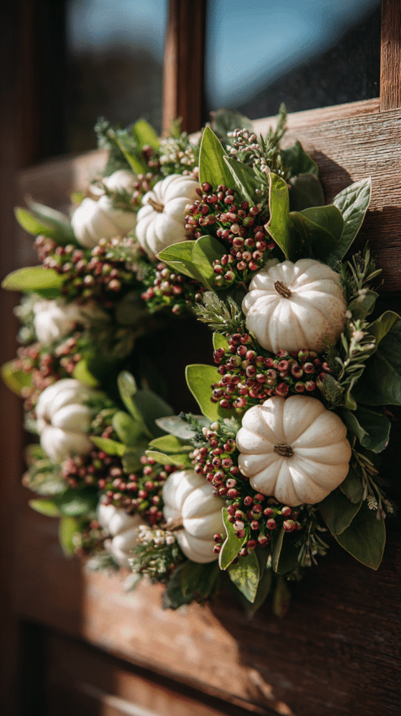 Festive fall wreath with white pumpkins and red berries on a wooden door, perfect for autumn decor.