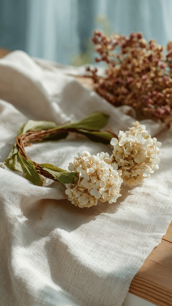 White flower wreath on linen fabric with dried blooms in soft sunlight.