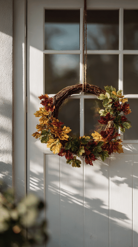 Autumn wreath with colorful leaves hanging on a white door, casting shadows in warm sunlight.