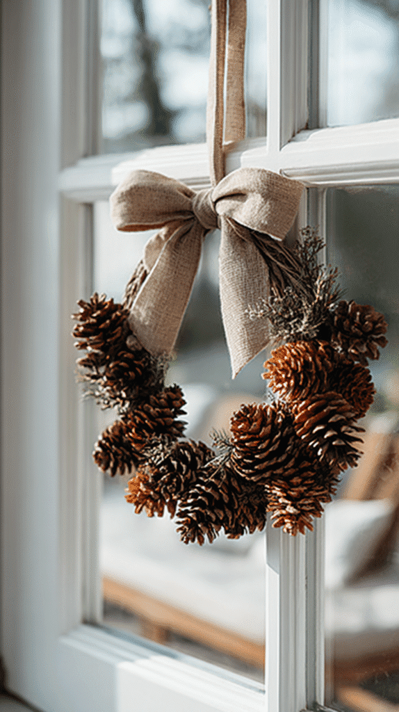 Rustic pinecone wreath with burlap bow hanging on a window, capturing warm, natural decor for the holiday season.