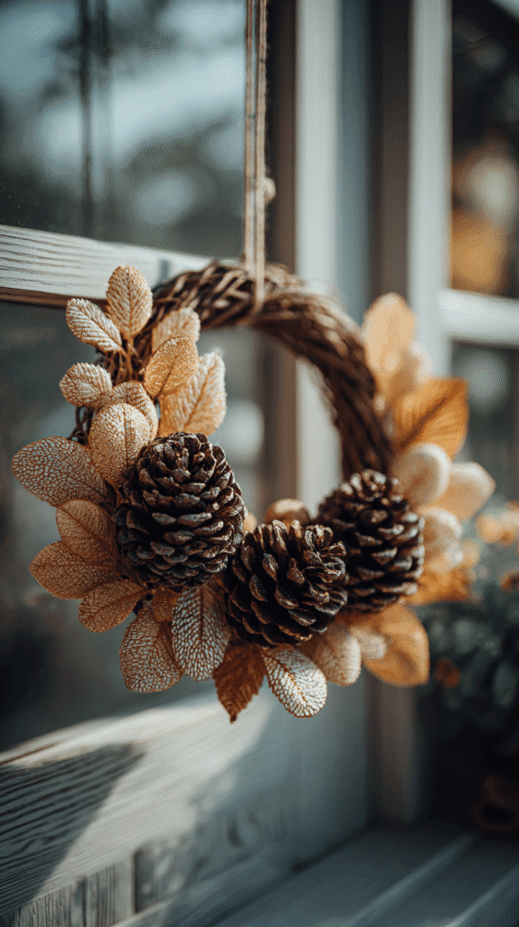 Rustic autumn wreath with pine cones and golden leaves hanging on a window, capturing the warm essence of fall decor.