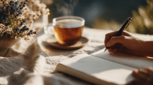 Hand writing in a notebook with a cup of tea and flowers in soft morning light.