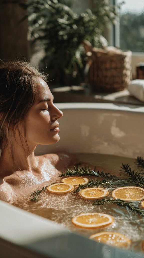 Woman relaxing in a bathtub with orange slices and rosemary, enjoying a serene, sunlit spa moment at home.