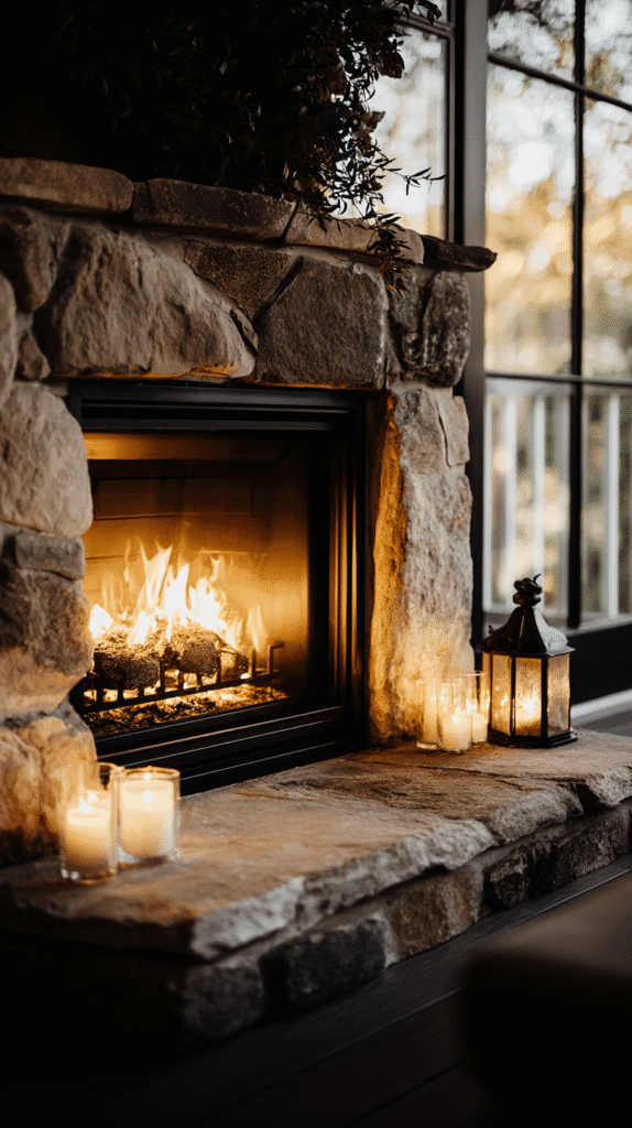 Cozy stone fireplace with burning candles and lantern, offering a warm ambiance for relaxation and comfort at home.