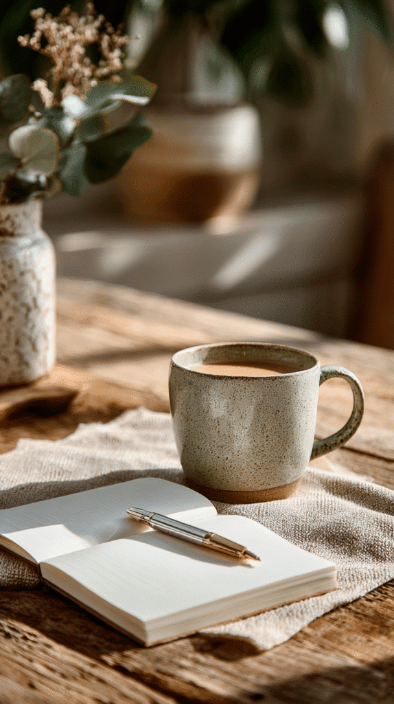 Cozy workspace with coffee mug, open notebook, and pen on a wooden table in warm sunlight.