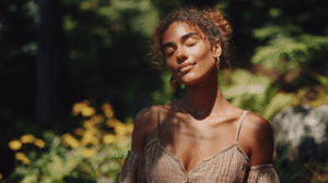 Woman enjoying sunlight outdoors surrounded by greenery, wearing brown dress and gold hoop earrings.
