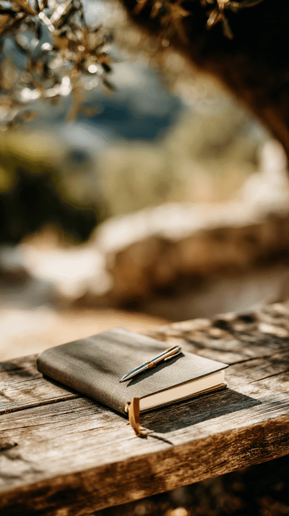 forest-bathing-activities-journal Notebook and pen on rustic wooden bench in sunny outdoor setting.
