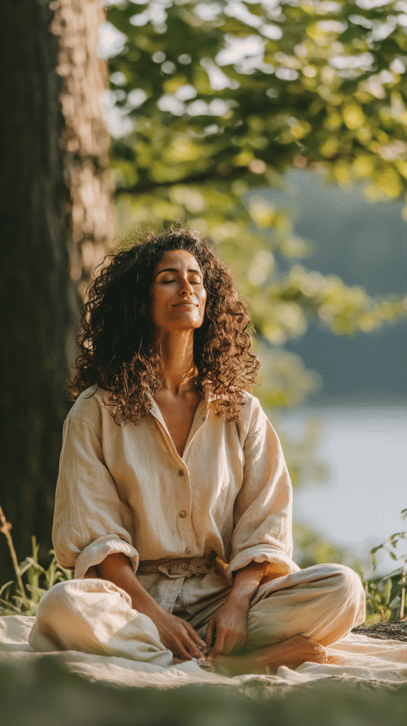 forest-bathing-activities-meditation Person meditating peacefully in nature, surrounded by trees and sunlight, embracing mindfulness and relaxation.