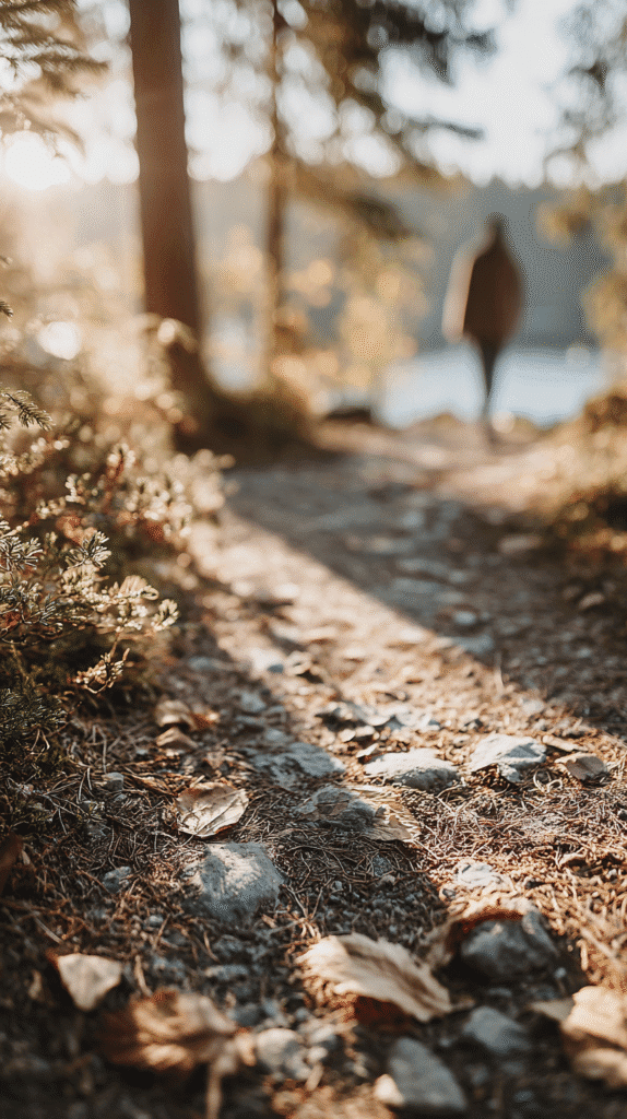 forest-bathing-activities-path Sunlit forest path with fallen leaves and blurred figure, creating a serene, autumnal atmosphere by a lake.