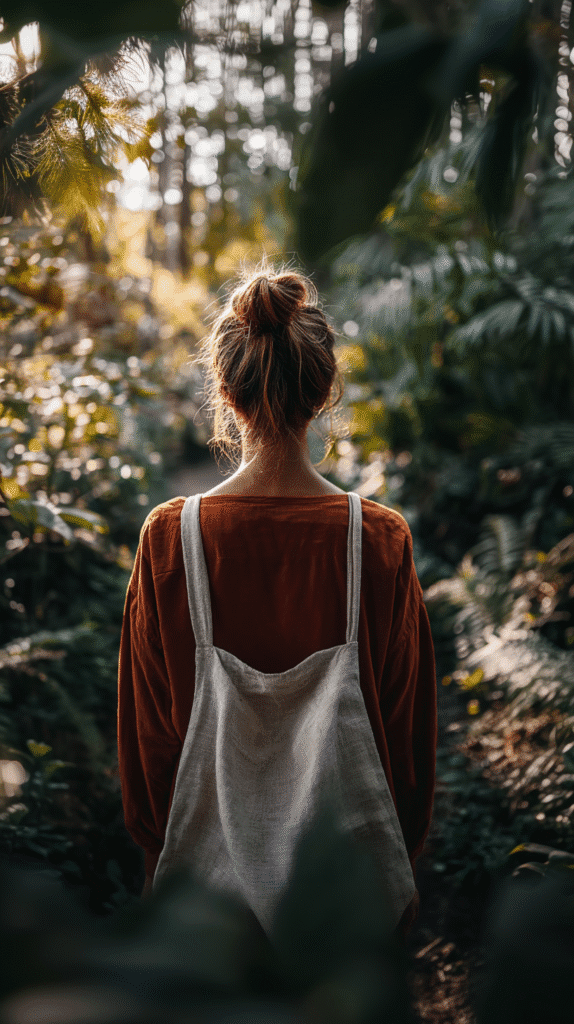 forest-bathing-activities-pause Person in orange top with backpack walking through lush, sunlit forest pathway.