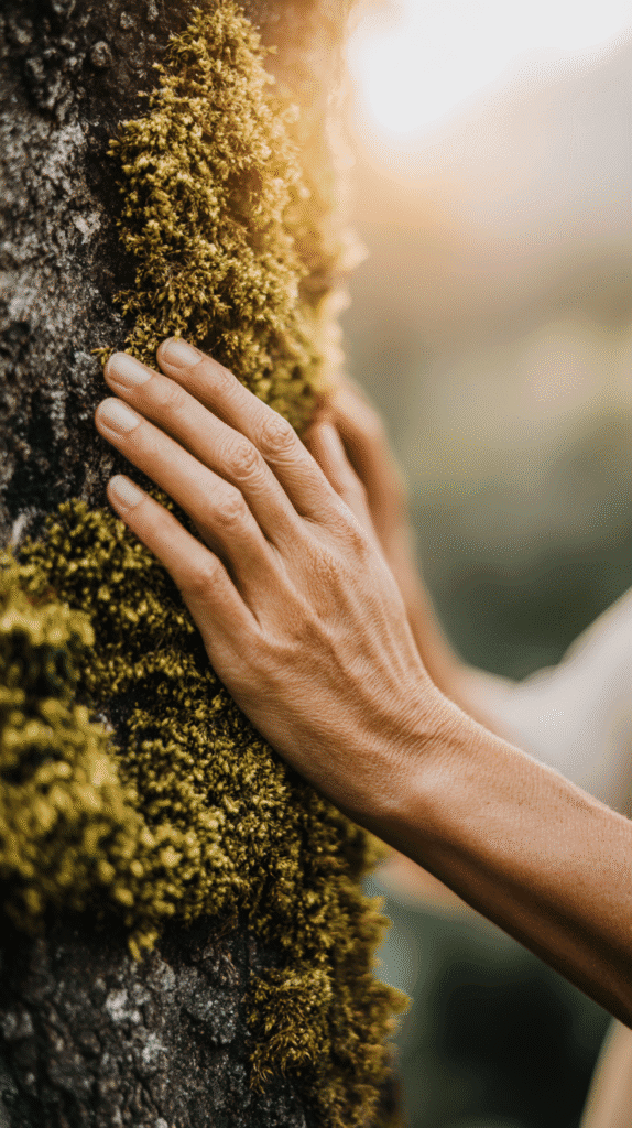forest-bathing-activities-touching Close-up of a hand gently touching moss-covered tree bark in sunlight, symbolizing connection with nature.