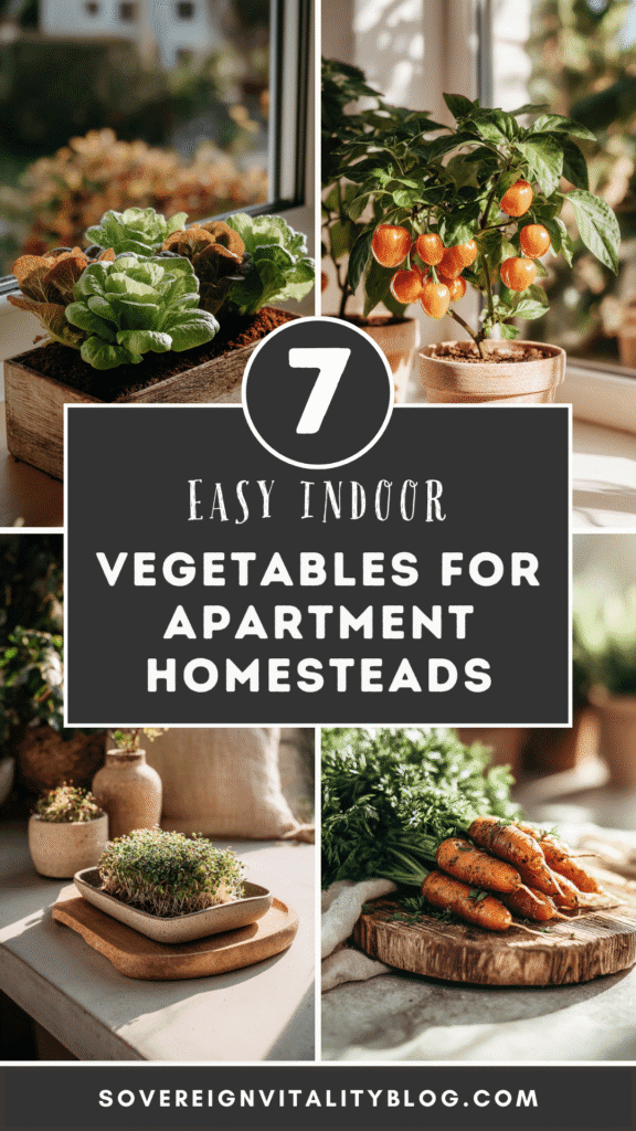 7 easy indoor vegetables for apartment homesteads; lettuce, peppers, microgreens, carrots on a window ledge.