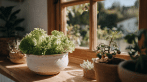 Lush green lettuce in a ceramic bowl on a sunny windowsill, surrounded by small potted plants.