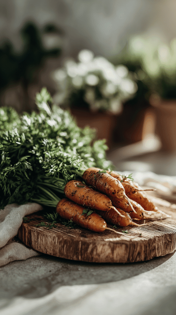 Fresh organic carrots with leafy tops on rustic wooden board, sunlit kitchen setting.