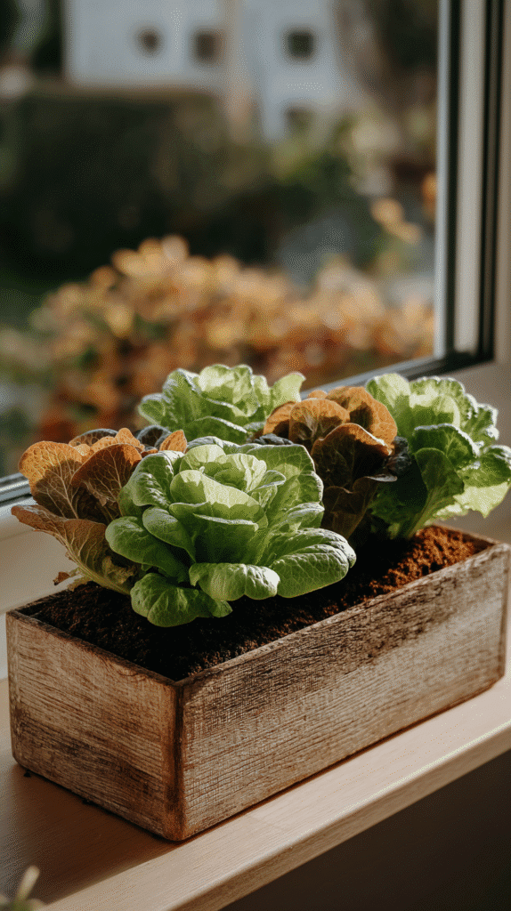 Fresh green and brown lettuce growing in a rustic wooden planter box indoors by a window.