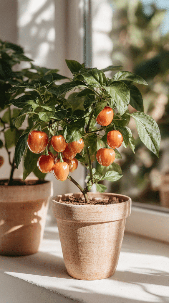 Potted plant with ripe orange peppers on a sunny windowsill, showcasing thriving indoor gardening.