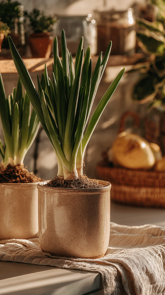 Potted green plant in a ceramic pot on a sunlit windowsill, surrounded by cozy home decor elements.