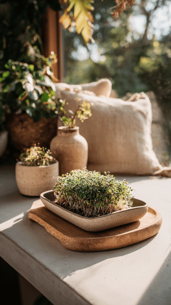 Sprouts growing in a ceramic dish on a wooden board, surrounded by potted plants near a sunny window.