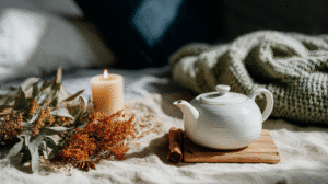 Cozy scene with a white teapot, cinnamon sticks, candle, and autumn foliage on a soft blanket.