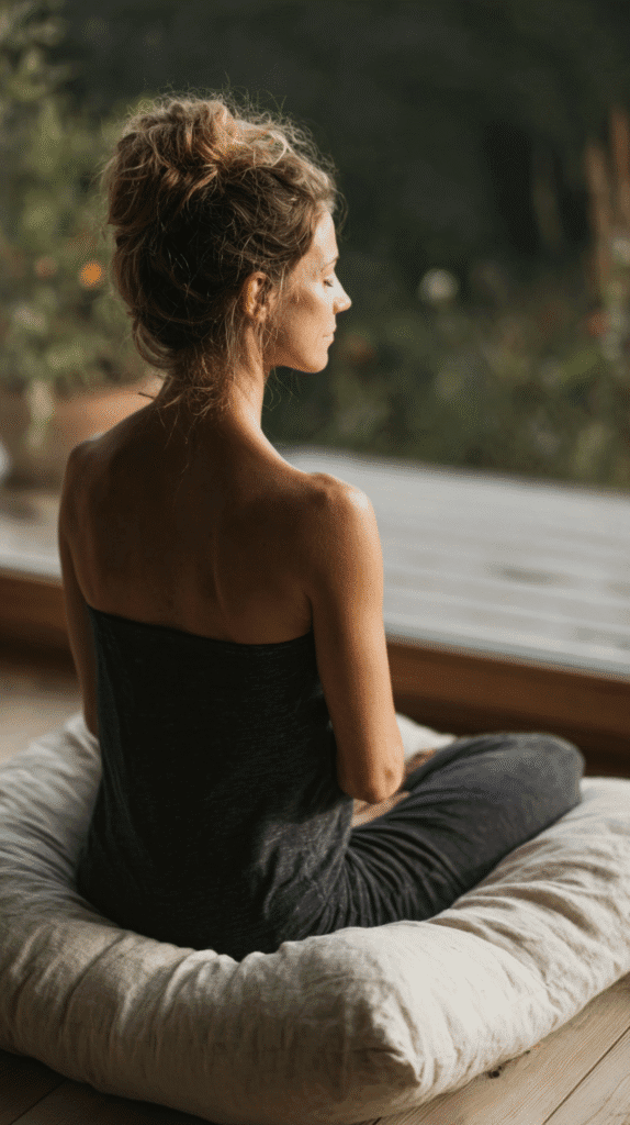 Woman meditating on cushion indoors, gazing outside, promoting relaxation and mindfulness.